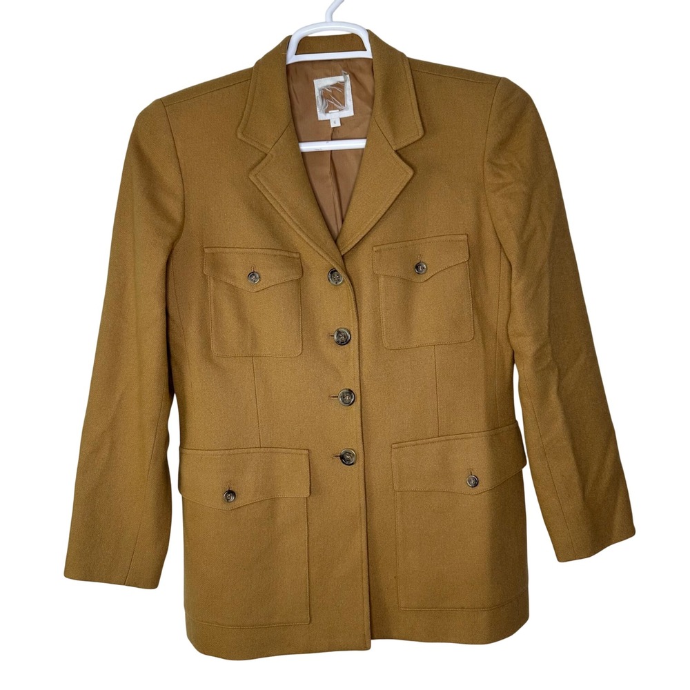 Vintage 100% Wool Safari Blazer Women's 6 Camel Tan‎ Utility Jacket Made in USA
